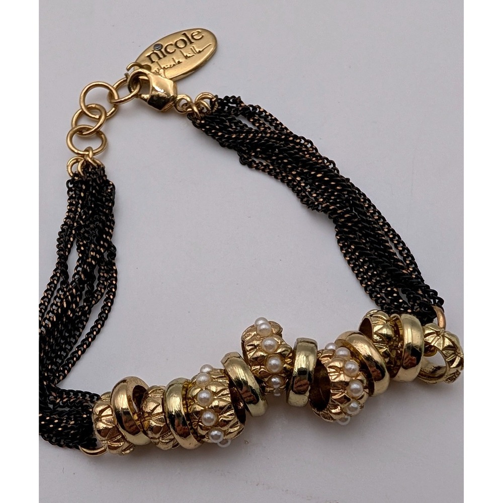 Nicole by Nicole Miller Multi Strand Chain Bracelet Gold Tone Pearl Accents